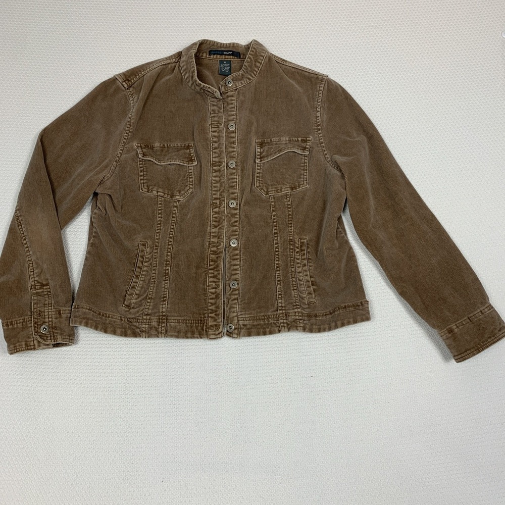 French Cuff Corduroy Jacket Womens XL Brown Mandarin Collar Ribbed Retro